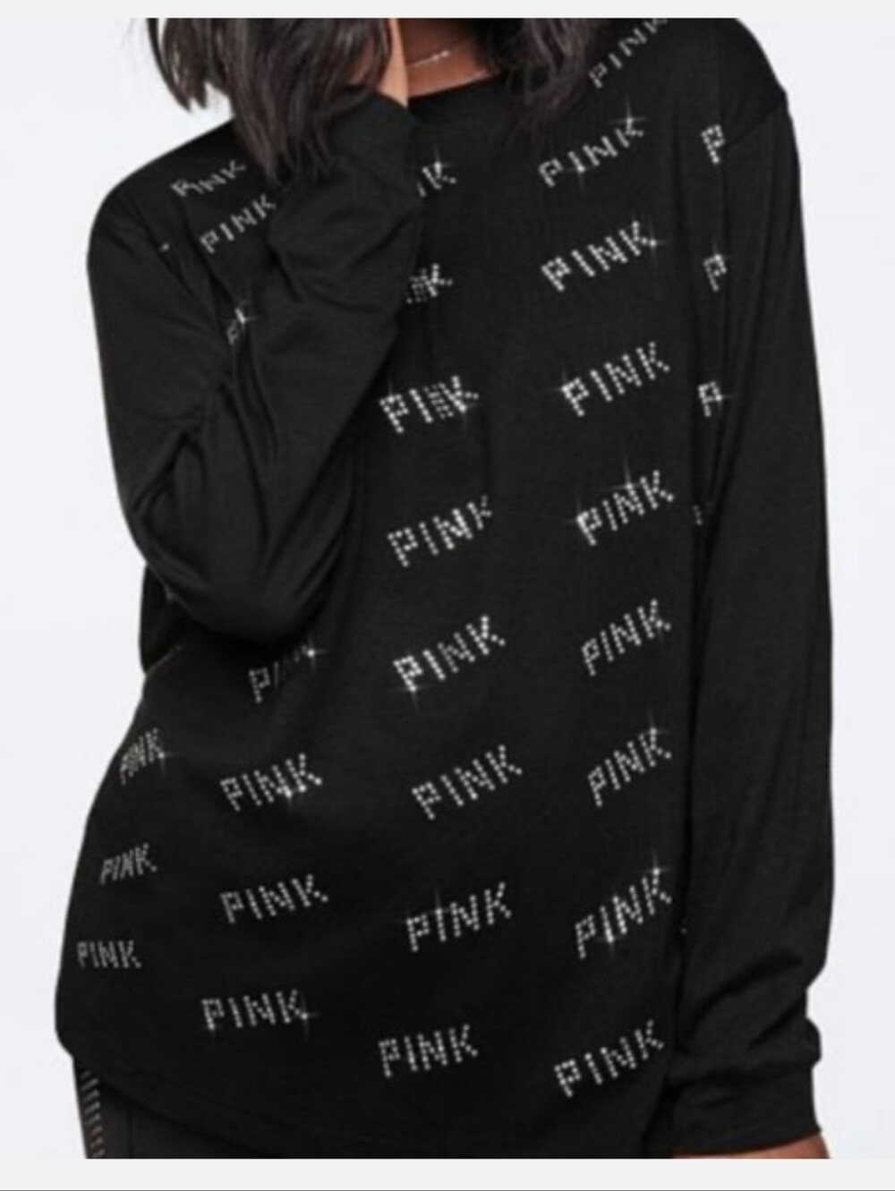 PINK Victoria's Secret Black Long-Sleeve Studded Logo Top